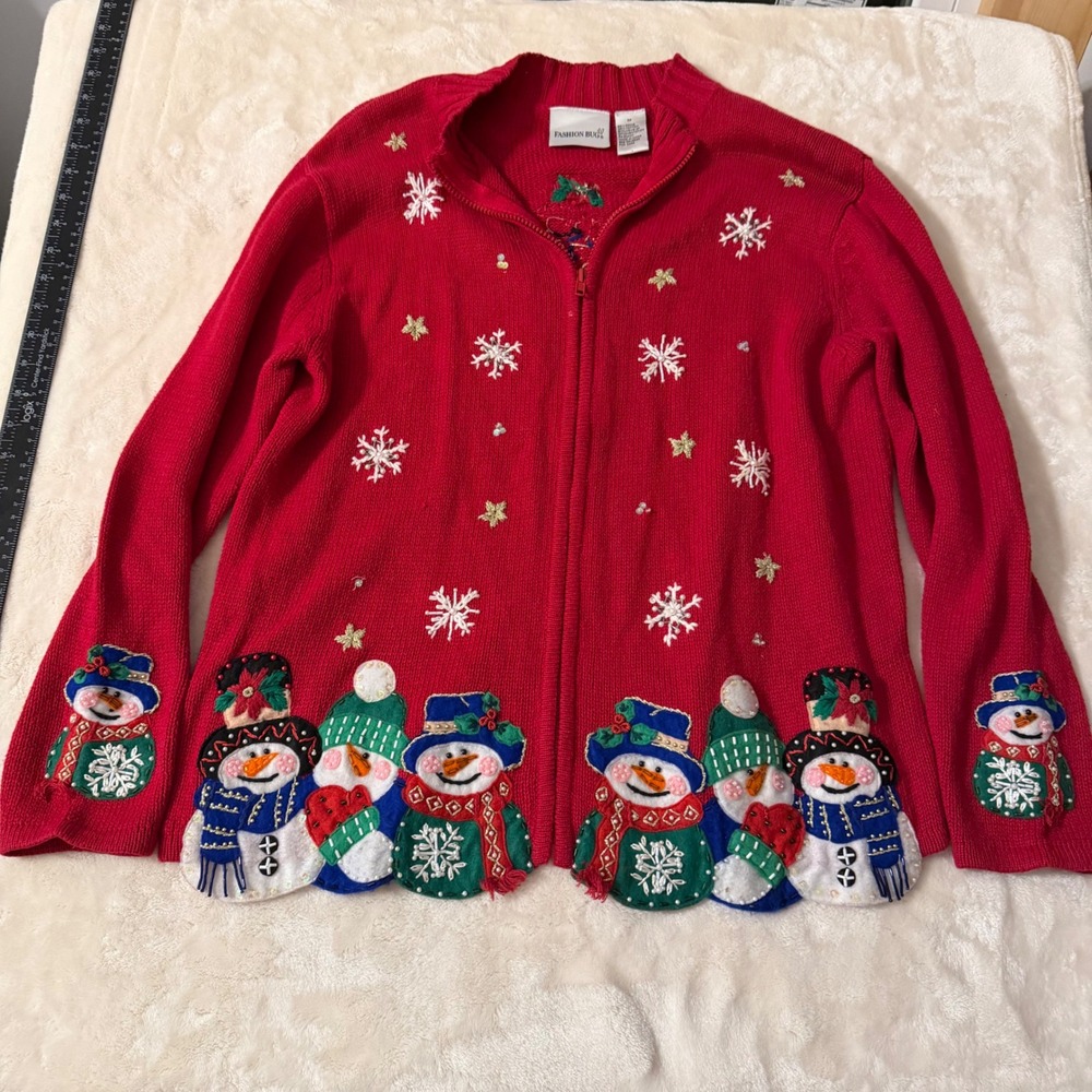 Fashion Bug Red Snowman Full Zip Christmas Sweater Cardigan Beaded Medium